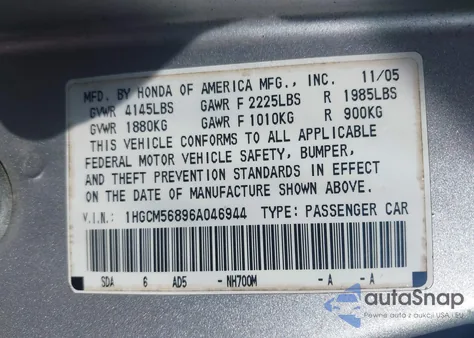 2006 Honda Accord 2.4 Ex из США, поврежденный, VIN 1HGCM56896A046944